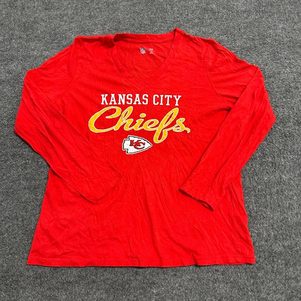 NFL Team Apparel Shirt Womens 2XL Red Kansas City Chiefs V-Neck Cotton LS Tee